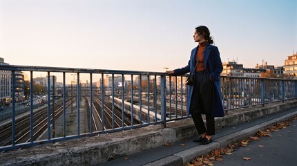 Fototapeta premium Commuter pauses above rail lines in autumn light