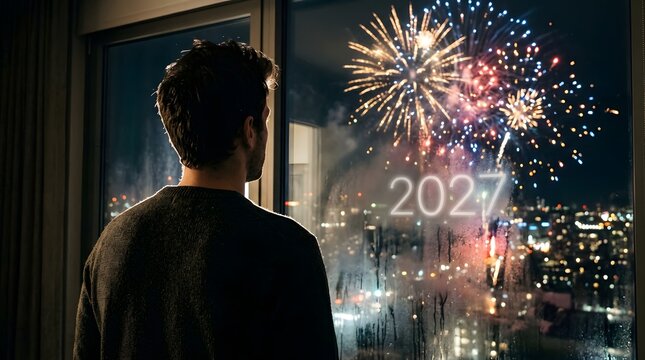 Person views bright fireworks bursting over a cityscape through a steamy glass window marked with the year 2027.