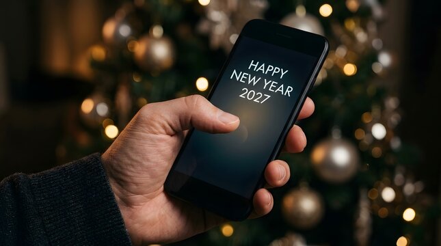 Smartphone displays a Happy New Year 2027 greeting while held in front of a warm bokeh Christmas tree.