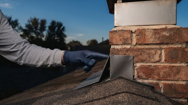 Technician checks chimney flashing and mortar joints