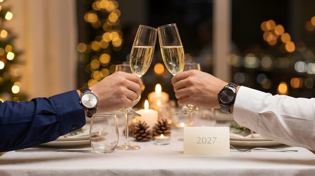 Champagne glasses touch in a toast above a festive table decorated with candles, pinecones, and warm glowing holiday lights.