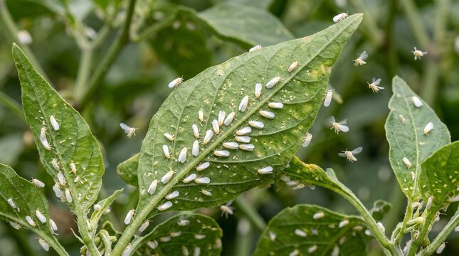Massive whitefly infestation covering green chili pepper plant leaves in a backyard garden
