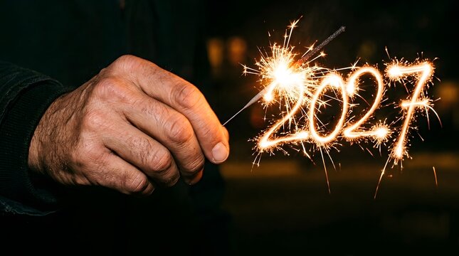 Hand holds a glowing sparkler creating bright fiery numbers 2027 against a dark night background.