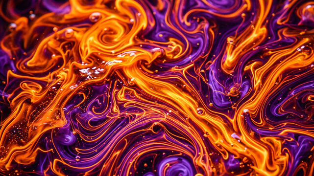 Macro HDR photography of dense glowing fluid marble texture swirling with fiery orange and deep violet