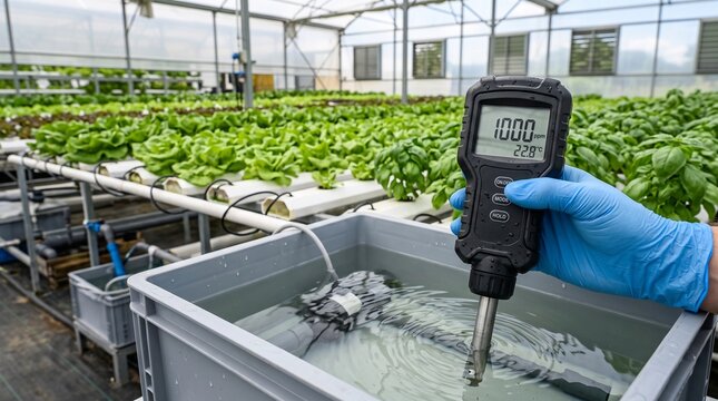Smart Hydroponic Farming with Digital Water Quality Meter Testing Nutrients in Greenhouse Lettuce Production