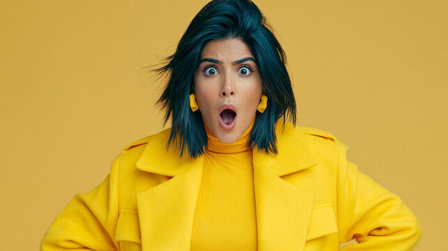Surprised woman wearing bright yellow outfit and blue hair with surprised, portrait