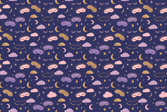 Bedtime pattern with sleepy masks moons and clouds