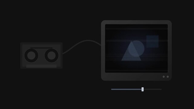 Retro Minimalist Animation of Vintage Cassette Tape Connected to CRT Monitor with Glitch Geometry