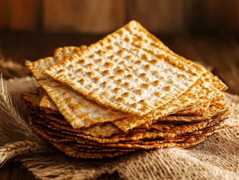 Stack of crispy matzah on a burlap cloth