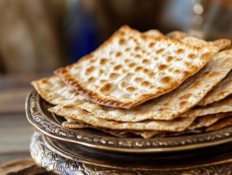Stack of crispy matzah on a decorative plate