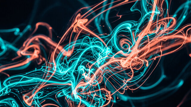 Macro HDR photography of dense glowing fluid smoke mimicking marble texture swirling with cyan and orange