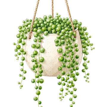 String of Pearls Succulent Hanging Plant in Ceramic Pot Isolated on White Background