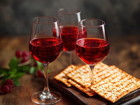 Three glasses of red wine and matzah on a wooden board