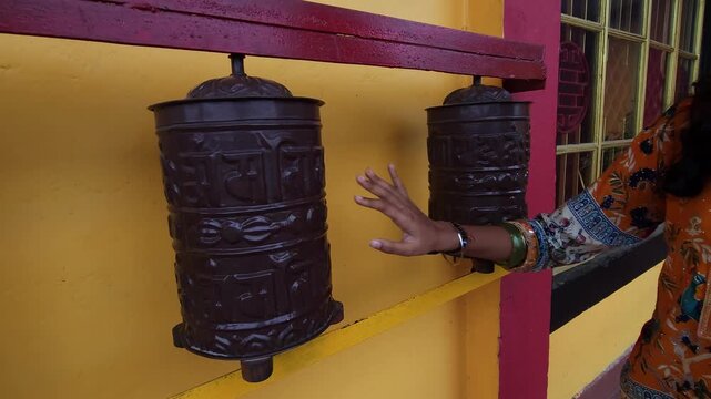 Large Tibetan Buddhist Prayer Wheels, Ornate Mani Wheels with Buddhist Mantras Along Temple Walkway, Spiritual Religious Practice, Buddhism, Himalayan Culture and Heritage