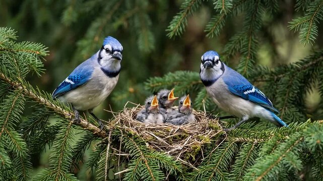 Two Blue Jay Adults Guarding Their Nest of Hungry Baby Chicks in Evergreen Tree