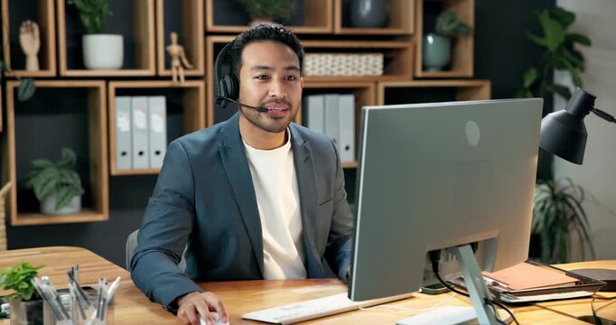 Computer, headset and man in office for sales, typing or lead generation with eco friendly offer. Tech, call center and happy person talk to contact for telemarketing, CSR or zero waste subscription