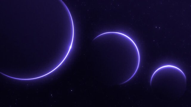 Three glowing purple neon planets in space alignment animation