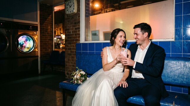 Newlyweds share a quiet break after laundry