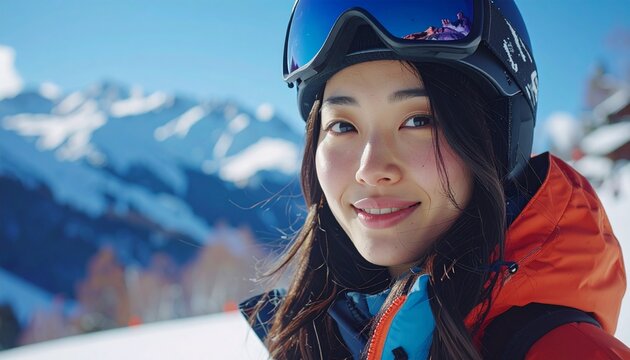 雪山スキー場で笑顔を見せる若いアジア人女性の冬スポーツ顔写真