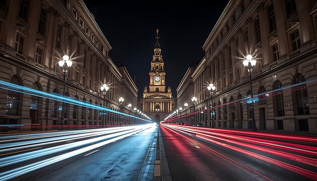 Nighttime city scene with symmetrical street lined by classical buildings, illuminated clock tower in background