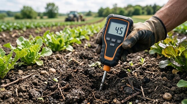 Farmer using a digital soil tester in a cultivated field to measure pH and moisture levels
