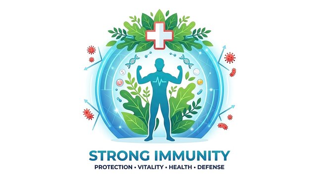 Strong immunity concept with human silhouette and natural herbal shield protection icon