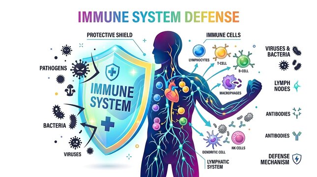 Immune system defense concept illustration with human body and protective shield