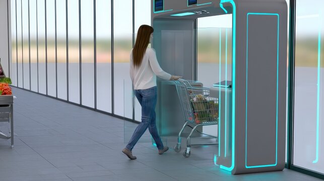 Young woman shopping with smart digital cart screen in modern automated retail store