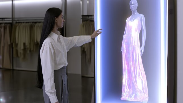 Woman interacting with a digital fashion hologram display in a modern luxury boutique store.