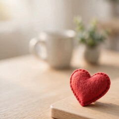 Fototapeta premium Red felt heart on a wooden table, World Heart Day concept, symbol of love and compassion for healthcare awareness and emotional wellness campaigns