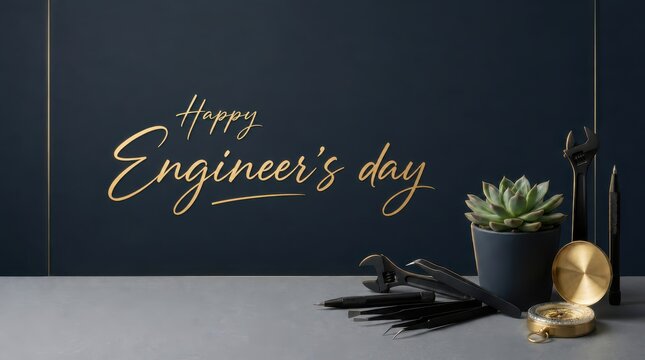 Engineer's Day greeting card with industrial tools, succulent plant, and brass compass on a grey surface, minimalist dark blue background for professional celebration