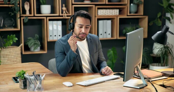 Computer, headset and man in office for telemarketing, lead generation or eco friendly sales offer. Tech, call center or happy person talk to contact for green service, CSR or zero waste subscription