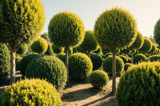 Garden nursery with rows of neatly trimmed evergreen cypress trees. Some are shaped like spheres, others have columnar form. Sunshine illuminates the green foliage.