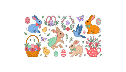 Naklejka premium Cute Easter Bunny, Chick, Bird, Butterfly, Floral Basket and Colorful Egg Collection for Spring Holiday, Greeting Cards, Nursery and Seasonal Designs