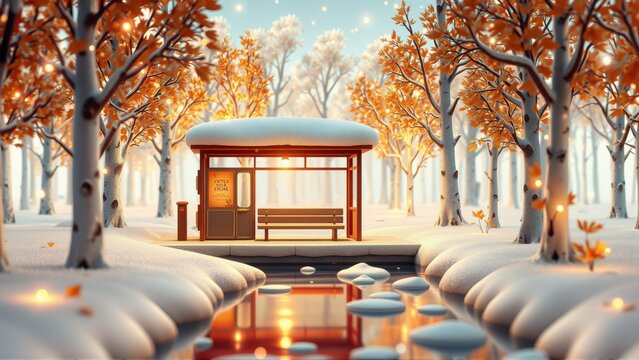 Winter scene depicts bus stop nestled among trees. Snow covers ground, water reflects light. Warm tones contrast cool whites. Peaceful, serene setting.