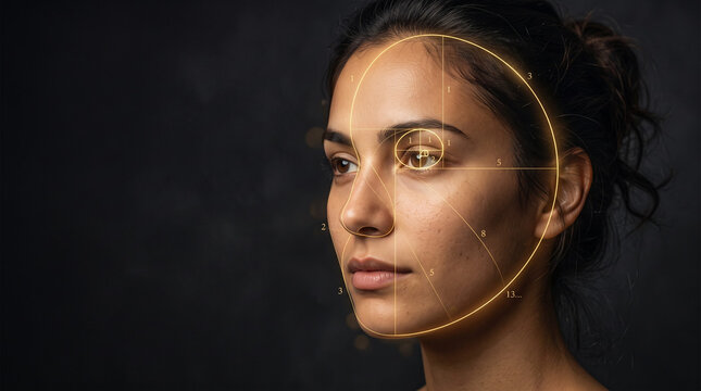 Retrato cient&iacute;fico art&iacute;stico de alta resoluci&oacute;n, rostro humano iluminado con estructura de espiral de proporci&oacute;n &aacute;urea