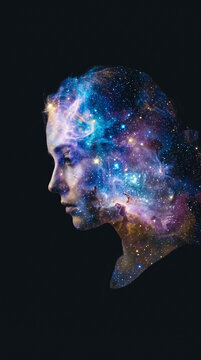 Retrato surrealista de alta resoluci&oacute;n, doble exposici&oacute;n et&eacute;rea de perfil de mujer fusion&aacute;ndose con nebulosa