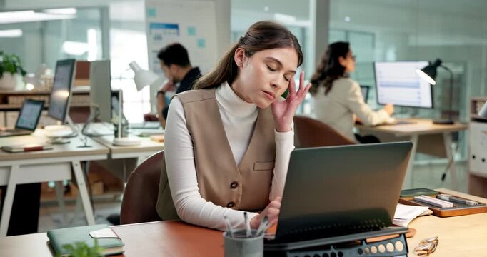 Woman, stress and headache with laptop in office for overworked strain, burnout or pressure. Tired, female person or employee with migraine on computer for project deadline or fatigue in workplace