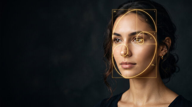 Retrato cient&iacute;fico art&iacute;stico de alta resoluci&oacute;n, rostro humano iluminado con estructura de espiral de proporci&oacute;n &aacute;urea