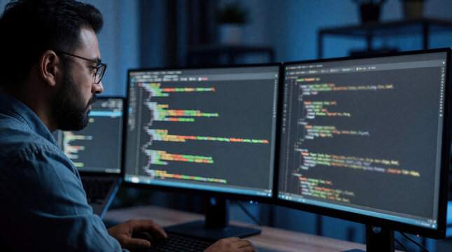 Man works on computer coding. Programmer checks data on multiple screens in his home office. He types on keyboard looking at complex script.