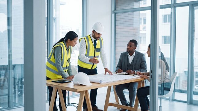 Diverse team of professional architects and engineers collaborating on a building blueprint project in a modern office conference room
