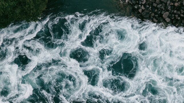 Overhead view of turbulent river rapids with white water flowing over dark rocky riverbed