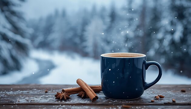 Blue mug with hot drink on snowy wooden table, cinnamon sticks, star anise.