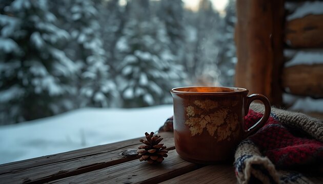 Steaming mug with leaf patterns resting on wooden railing during winter snow forest scene.