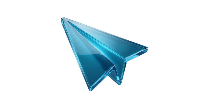 Blue three dimensional paper airplane with sharp folded form representing send message and digital communication isolated on transparent background for web advertising and presentation design