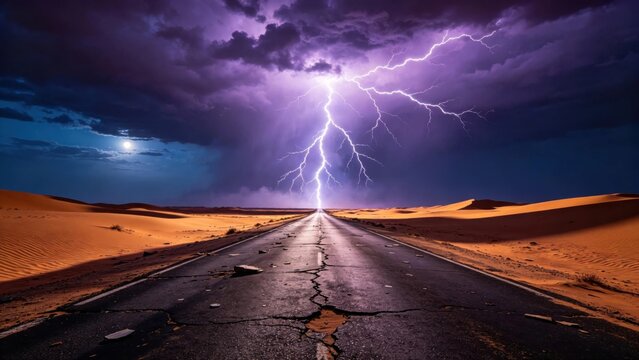 Lightning storm at end of desert road
