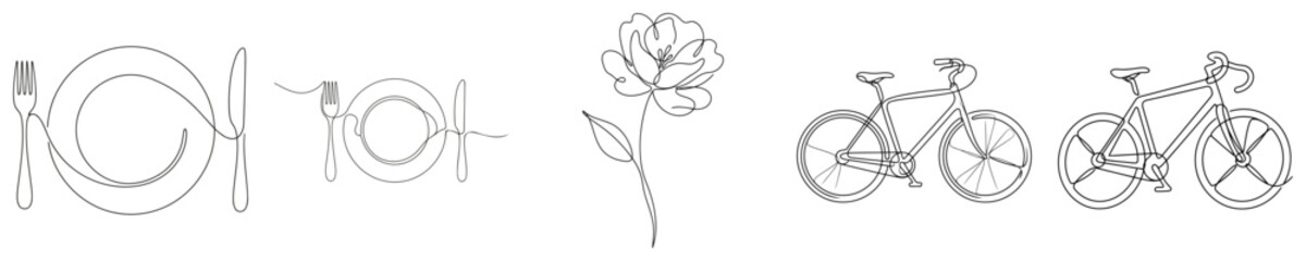 Obraz premium Line art illustrations of dining floral and bicycle subjects on a white background