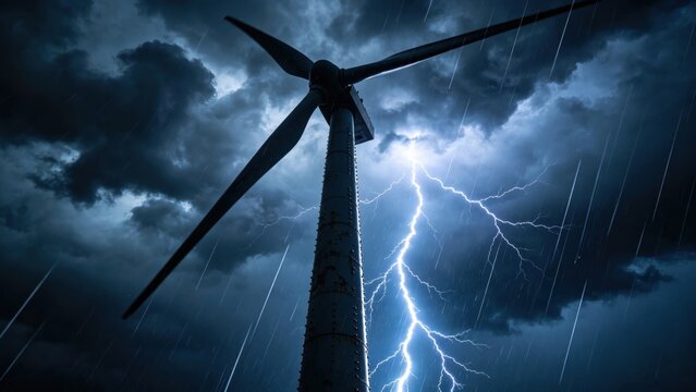 Lightning strike behind silhouetted wind turbine