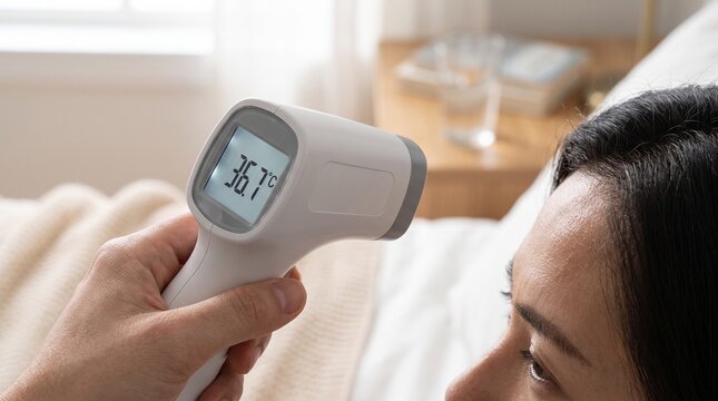 Person taking temperature of a sick woman with a digital infrared thermometer in bed at home