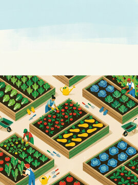 Isometric Digital Illustration of People Working in a Community Garden with Raised Beds Growing Fresh Vegetables and Plants with Copyspace